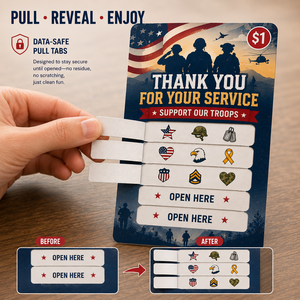 Tarjetas personalizadas de 5 ventanas con tirador, impresas por ambos lados, para el Día de los Veteranos, eventos, recaudación de fondos, billetes de rifas, tarjetas de premios instantáneos - Product Image 3