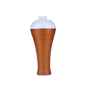 Chinese Handmade Bamboo Weaving Porcelain Vase Round Zen Style Tea Room Decorative Flower Vase For Tea Table Ornament - Product Image 4