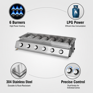 Commercial Six <b>Burner</b> LPG <b>Gas</b> <b>BBQ</b> Grill Countertop Barbecue for Kebab Skewers Steak Chicken Sausage Restaurants - Product Image 3