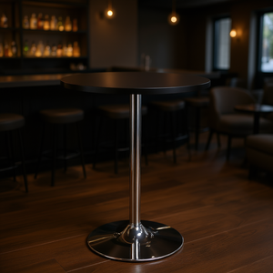 Mesa de Bar Redonda Spectrum 24 de MDF Negro con Acabado Cromado, Estilo Pub Elegante para Uso en Hoteles - Product Image 2