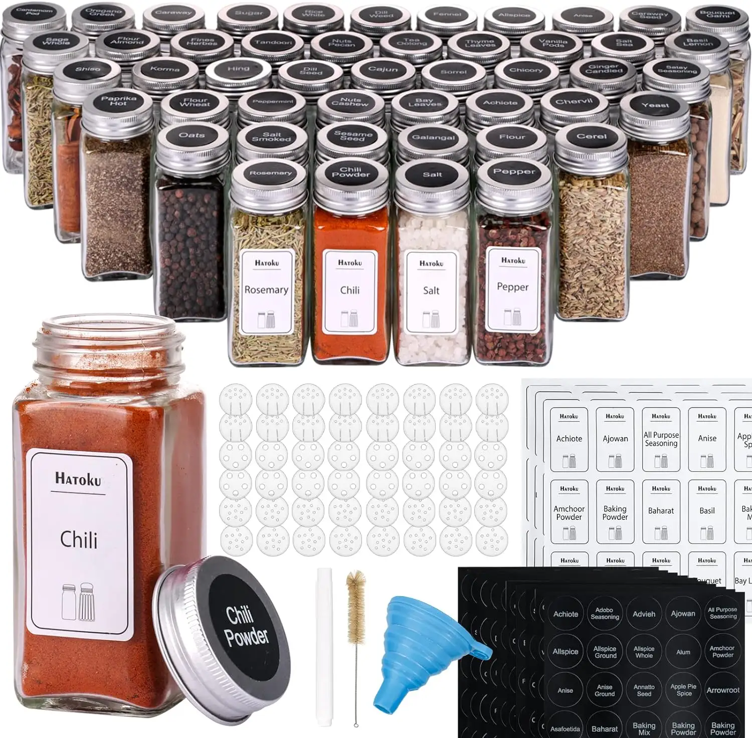 Hot Selling Kitchen Storage 48Pcs Glass Spice Jars With Lids Brush Sifter Funnel Tags Set