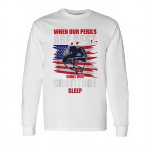 Camiseta de manga larga con estampado: Veterano, cuando nuestros peligros se hayan desvanecido, ¿no será nuestra gratitud que duerma? - Product Image 2