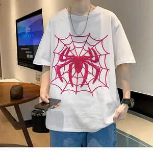 2024 Summer Fashion T-Shirt Men's Trend Spider Embroidery Print Vintage Five-quarter Sleeve 220g Cotton Short Sleeve T Shirt