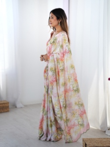 Sari en Chiffon Imprimé Floral Élégant avec Bordure en Dentelle Miroir pour Femme – Collection Printemps – Tenue de Soirée Indienne - Product Image 2