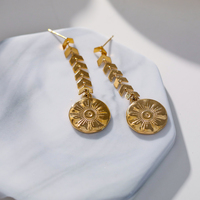 Boucles d'oreilles chandelier à la mode en acier inoxydable avec pendentif solaire de forme ronde plaqué or 18 carats