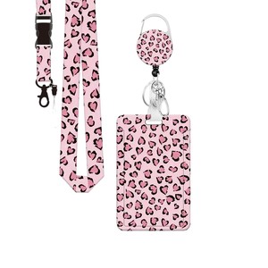 Wholesale pink leopard print badge scroll, brown <b>embossed</b> varnish <b>card</b> holder, 360-degree rotating epoxy easy-pull buckle. - Product Image 5