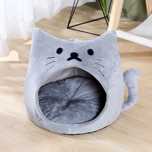 Cama para gatos con forma de cabeza de gato, suave y de felpa, tipo casa cerrada para gatos, cálida y cómoda para todas las estaciones, con cojín extraíble. - Product Image 4