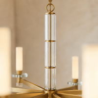 Lustre à 6 lumières LED en laiton antique et verre transparent, blanc chaud, garantie de 2 ans, idéal pour salle à manger et salon