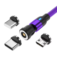 Grosir Pabrik 1Pin kabel Data mikro USB Tipe C pengisian daya magnetik Putar 540 derajat pengisian daya Cepat 3A ponsel IOS nilon 0.5/1/2M