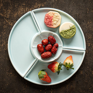 Plato de cerámica para repostería en forma de abanico, color azul polvo, 3 piezas, apto para lavavajillas, para frutas, aperitivos, bandejas para servir té - Product Image 4