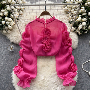 HANOU轻奢华女孩风格灯笼袖衬衫女式纱布立体花朵宽松设计衬衫 - Product Image 1