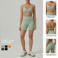 Set Yoga 2 Potong Wanita, Ringan dan Bernapas, Bra Olahraga Kerah Bulat, Celana Pendek Pinggang Tinggi Model Crisscross Back, Warna Hijau Sage