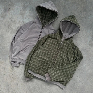 <strong>Reversible</strong> Plaid <strong>Zip</strong> up Hoodie Heavyweight Cotton Fleece Washed Charcoal Grey with Zipper for Men Streetwear - Product Image 1