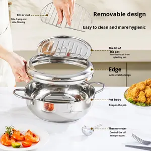 หม้อทอดสแตนเลส 304 พร้อมเทอร์โมมิเตอร์ ตะแกรงกรองน้ำมัน หม้อทอดเทมปุระแบบญี่ปุ่น หม้อทอดขนาดเล็ก สำหรับทอดปลา กุ้ง ไก่ - Product Image 4