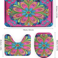 Ensemble de salle de bain quatre pièces style bohème en polyester rose avec mandala coloré, rideau de douche, tapis de sol et coussin de siège de toilette
