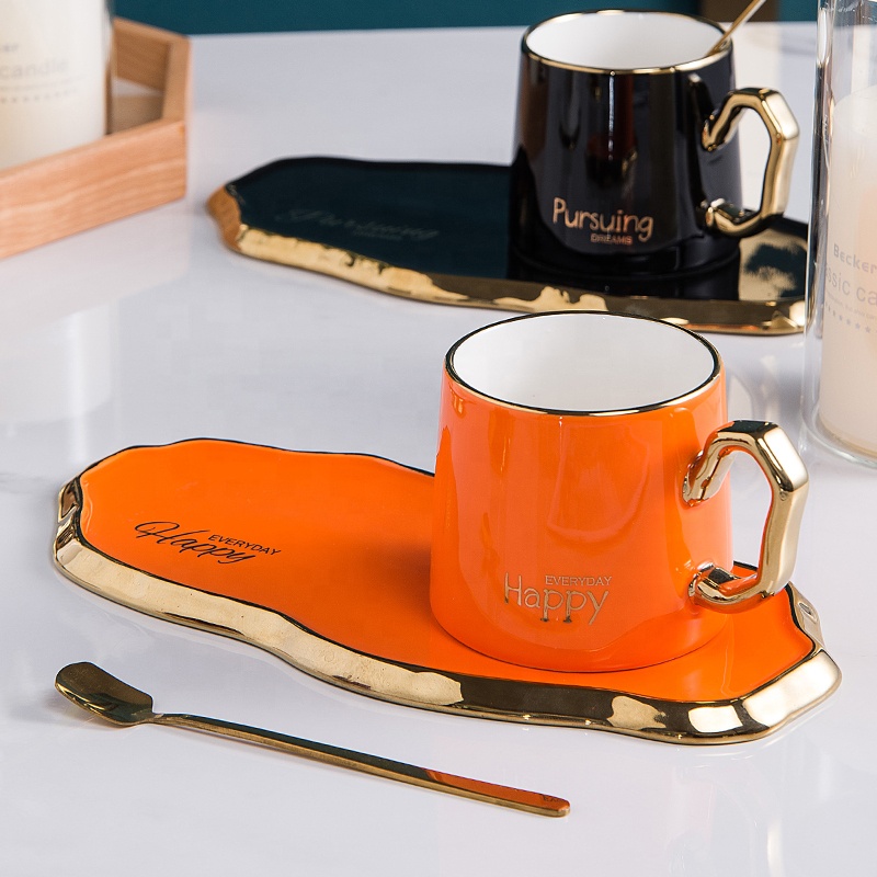 Оптовая продажа, домашние керамические кофейные чашки Feiyou в скандинавском стиле, кружки, керамические кофейные чашки с золотистой ручкой и комплекты блюдец