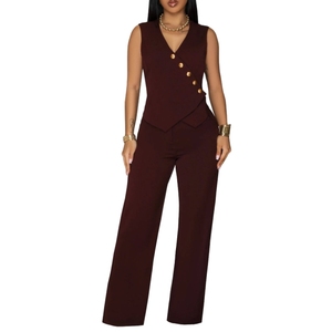 ชุดเซ็ตสองชิ้น เสื้อแขนกุดคอวีติดกระดุมสีพื้นเรียบง่ายและกางเกงขายาวสำหรับผู้หญิงแฟชั่น - Product Image 3