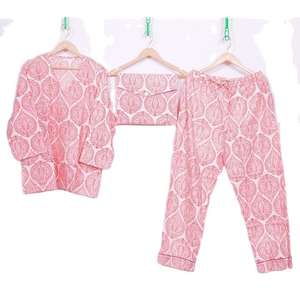 Ensemble pyjama 2 pièces en satin pour femme, motif ethnique imprimé à la main, taille élastique, col montant, manches longues, respirant, design simple, collection automne - Product Image 1