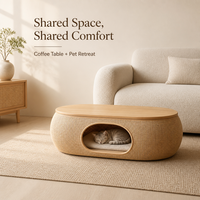 Table basse ottoman scandinave ronde avec plateau en bois naturel et base tressée, design double usage pour salon, convient aux personnes et aux animaux de compagnie
