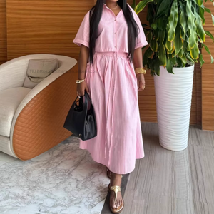 Women's Collared Striped Short-Sleeve Shirt High-Waisted Slim-Fit <b>Tie</b>-Waist Skirt African New Style 2-Piece <b>Set</b> Fashion - Product Image 5