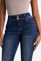 Jean évasé taille haute pour femme, coupe ajustée, double boutonnage, bleu foncé, surpiqûres contrastées, style rétro décontracté, vente en gros