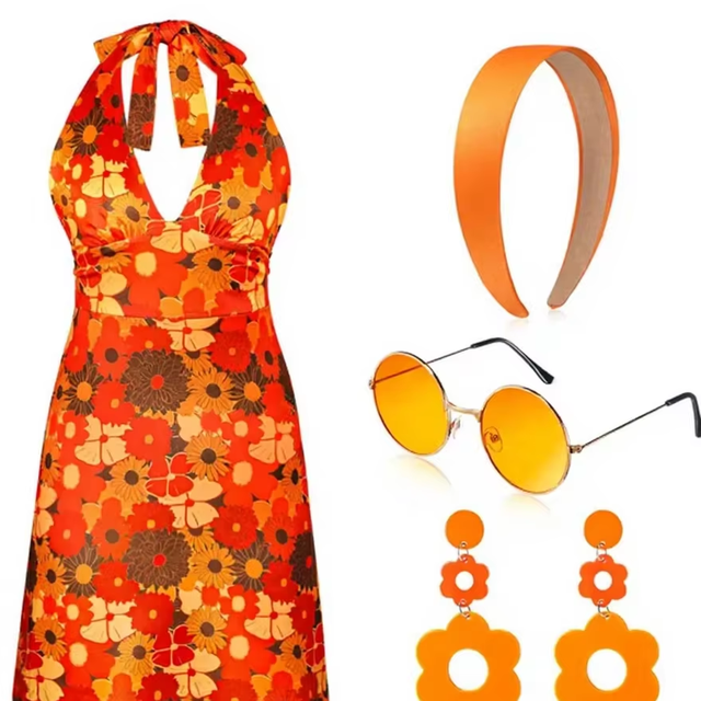70s Hippie Costume for Women Flower Power Retro 60s 70s Dress with Headband Sunglasses Earrings Set for Carnival Disco Party