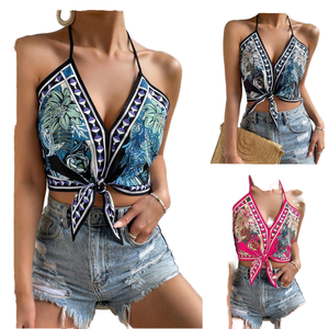 Top Halter sin Mangas Casual con Logotipo Frontal, Estilo Resort, Sexy, Estampado, Transpirable, de Punto, con Cuello en V para Mujer - Product Image 1
