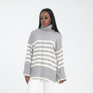 عارضة الخريف الشتاء جرس كم دافئ اليومية في الهواء الطلق البلوز محبوك المرأة المتضخم مخطط الياقة المدورة سترة متماسكة - Product Image 2