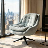 Fauteuil pivotant capitonné de style mid-century moderne, chaise en velours rembourrée avec base en métal noir