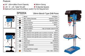 เครื่องเจาะตั้งโต๊ะ20มม. SP5220A 750W MT2เครื่องเจาะคอลัมน์<span class=keywords><strong>เจาะ</strong></span>กด - Product Image 6