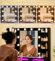 Coiffeuse noire avec miroir LED, plateau en verre, tiroirs de rangement et grand meuble en verre trempé pour chambre à coucher
