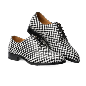 Zapatos Oxford de cuero genuino con diseño de tablero de ajedrez blanco y negro, con cordones, punta redonda y suela de goma, para hombre, para oficina, bodas y fiestas. - Product Image 5
