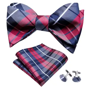 Custom Handgemaakte Gecontroleerd Zijde Zelf Bowtie Grijs Rode Plaid Mannen Vlinder Strikje Sets Groothandel