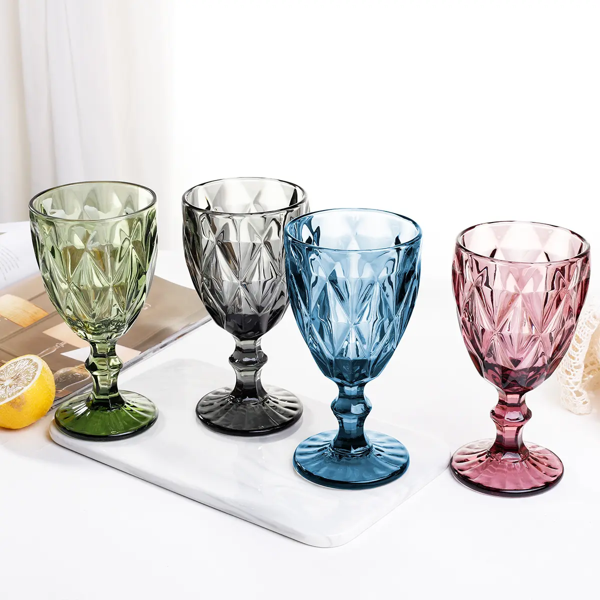 Vintage Cocktail Wine Glasses Cups Golden Edge Multi Colored Glassware Wedding Party Green Blue Purple Pink Goblet