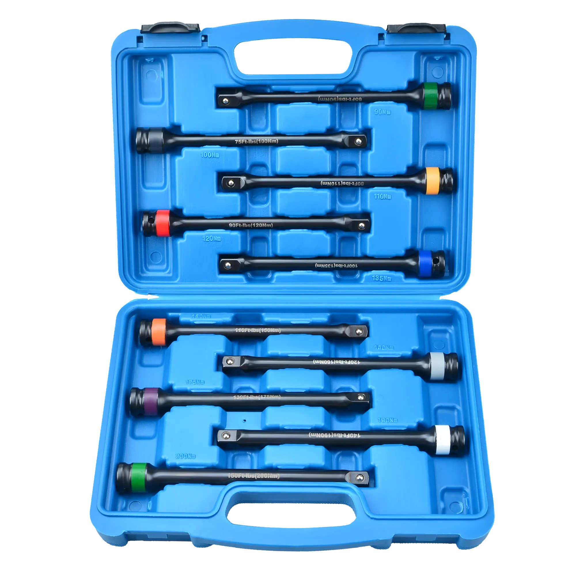 10pcs 1/2" Drive 8 inch Length Color Coded Torque Limiting Extension Bar Tool Set 65 to 150 ft-lbs 90 to 200 Nm