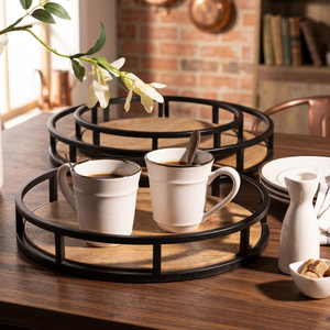<b>Rustic</b> Round <b>Wooden</b> Decorative Tray Metal Serving Platter Farmhouse Centerpiece for Coffee <b>Table</b> <b>Dining</b> Room Home Decor - Product Image 4
