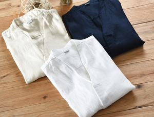 Mens Collo Alla Coreana 100% di <span class=keywords><strong>Lino</strong></span> Ultimo Disegno Mezza Manica Della <span class=keywords><strong>Camicia</strong></span> - Product Image 6