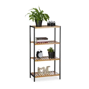 Iron and wood combination 4 Tier Classic Design Bamboo Counter Standing Rack for Bookshelf Plant Stand or Bathroom Shelf