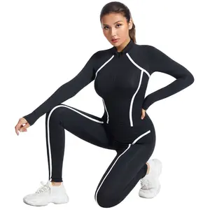 Sports suit black and white color contrast lines tight outside wear fitness running training yoga clothes women