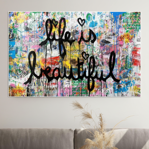 Affiche sur toile « La vie est belle » style graffiti - Impression murale colorée d'art urbain, toile encollée - Product Image 2