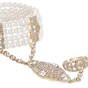 1920年代のフラッパーブレスレットリングセットギャツビーアクセサリーイミテーションパールクリスタルブレスレットアジャスタブルリング - Product Image 3