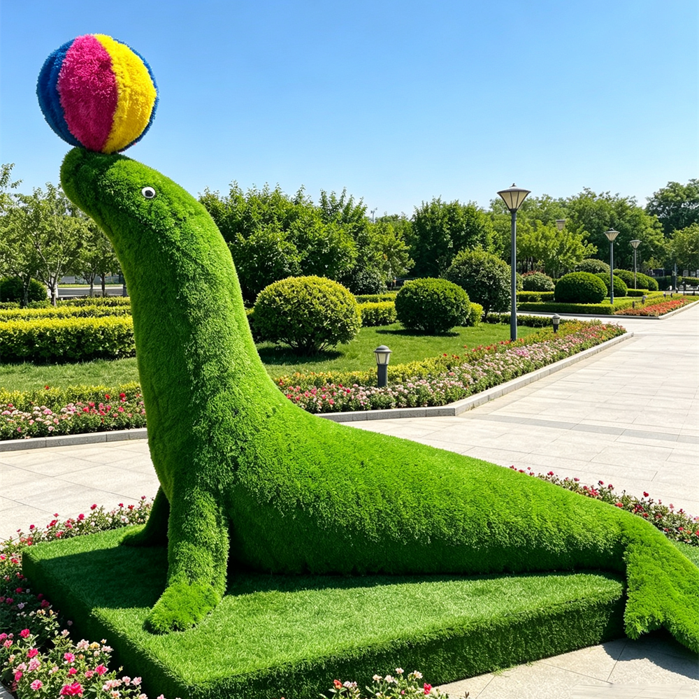 Lion de mer vert avec boule colorée, topiaire artificielle