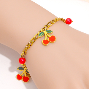 Conjuntos de joyería de moda de acero inoxidable 18K chapado en oro borla cereza encantos pulsera cubana - Product Image 2