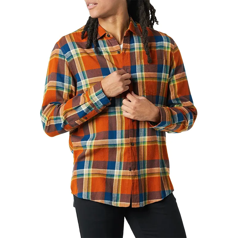 Customized Logo Patch Pocket Curved Hem Flannel Shirt Casual Shirts Plaid Pattern Men Flannel Shirt