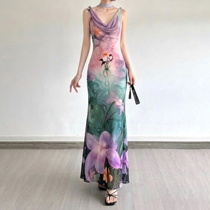 Vestido Lápiz Vintage Elegante con Estampado Floral, Cuello en V Profundo en Contraste, Sin Mangas, Largo hasta el Suelo, con Cintura Natural para Mujer, Ideal para Fiestas - Product Image 5