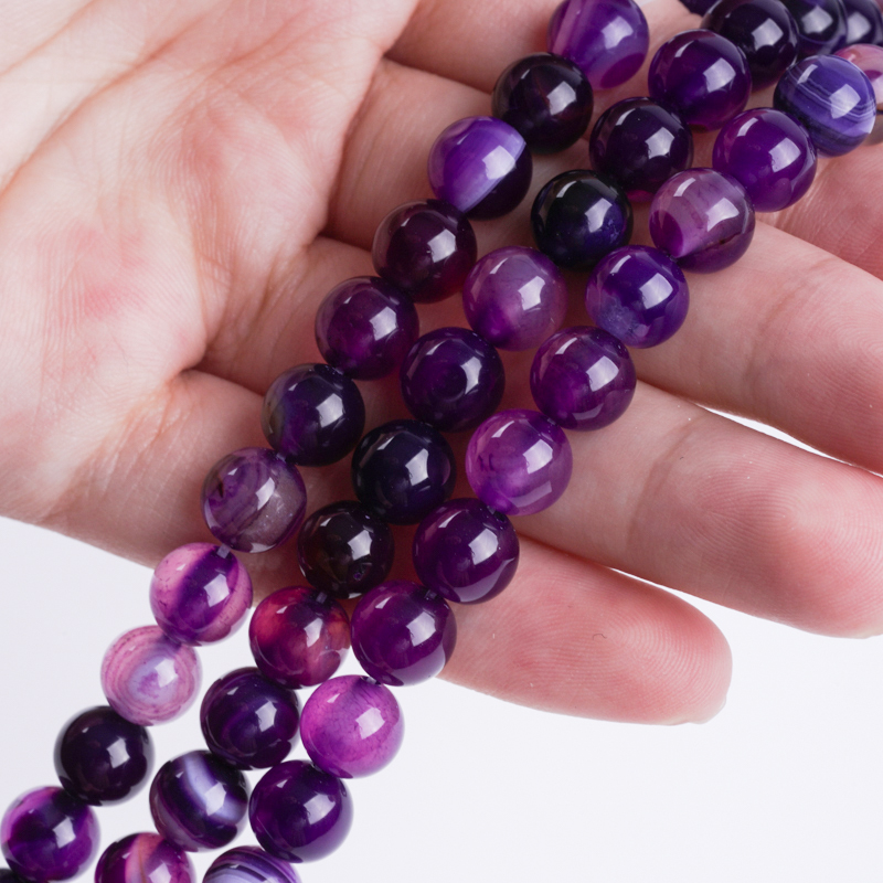 Wholesale 8mm Round Agate Stone Strands Purple Stripe- Bulk Natural Gemstone Beads for Jewelry Making
