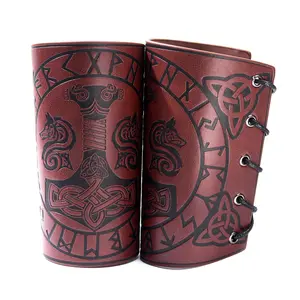 New Trendy Nordic Medieval Costume World Tree Viking Leather Bracers for Men