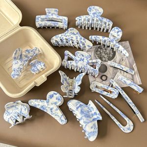 ZiTeng Vintage Azul Blanco Impresión Horquilla Set Estilo chino Acetato Tiburón Horquilla Garra Tamaño mediano Cabello azul y blanco - Product Image 1