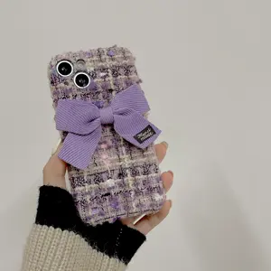 Luxury Purple Bowknot Cloth Mobile Phone Back Cover Case For iPhone X XR XS Max 11 12 13 14 Pro Max For iPhone 14 Case