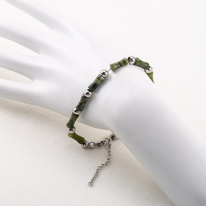 Fashionable Men's Stainless Steel Dark Green Jade Bamboo Joint <b>Beaded</b> <b>Bracelet</b> Geometric Design For Casual Wear - Product Image 2